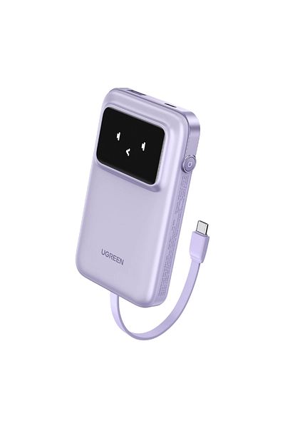 Ugreen باور بانك أونو بمنفذي USB-C وUSB مع كابل مدمج 10000 مللي أمبير 30 وات - أرجواني
