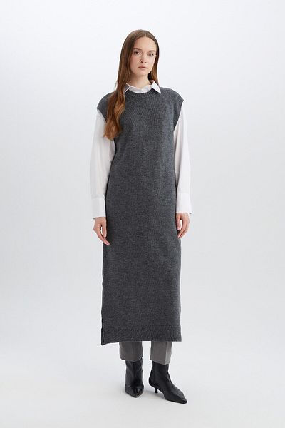 DeFacto Langer Strickpullover mit normaler Passform und Rundhalsausschnitt B0197AX24WN