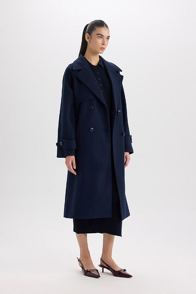 DeFacto Long Stamp Coat - Regular Fit, Button-Down Collar, Epaulette with Pockets, Belt D3999Ax24Wn