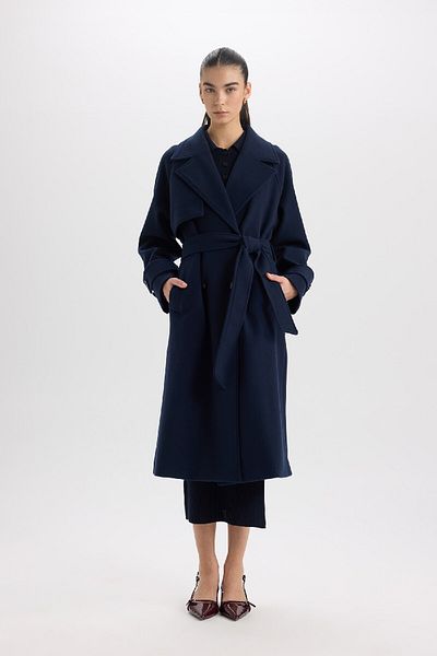 DeFacto Long Stamp Coat - Regular Fit, Button-Down Collar, Epaulette with Pockets, Belt D3999Ax24Wn