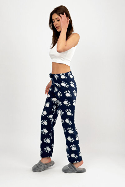 Betimoda Lacivert Pati Kadın Polar Pijama Altı Kışlık Lastikli Bel Tek Alt