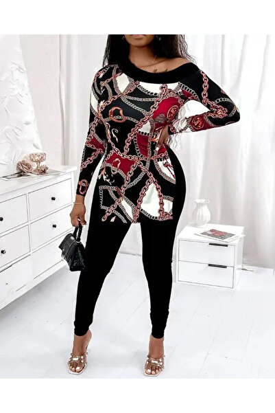 Moka Shopin Mokashopin Women's Long Sleeve Chain Pattern One Shoulder Low Micro Blouse