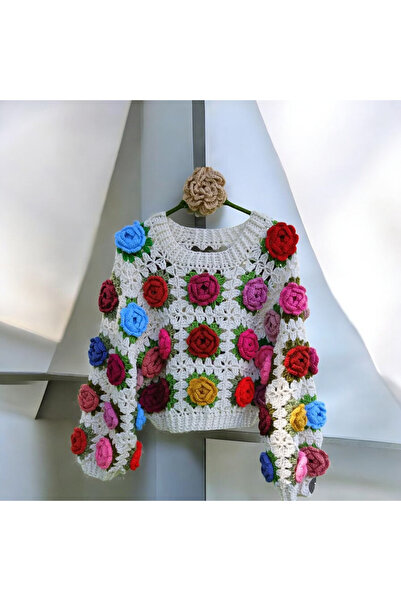 El örgüsü Rose Motif Hand Knitted Women's Sweater, Sweatshirt