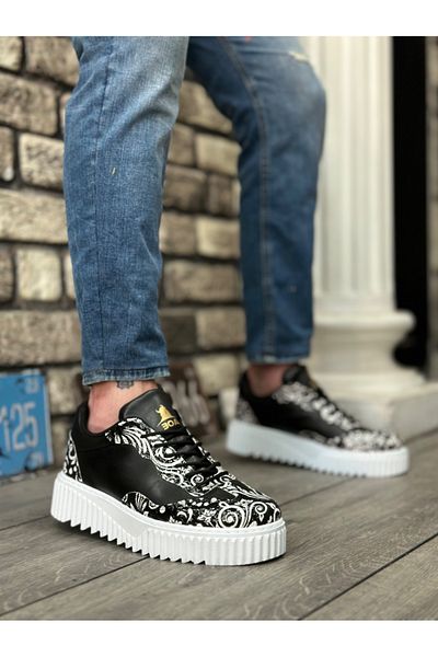 BOA BA0802 BOA Gothic Patterned Black White High Sole Men's Casual Shoes