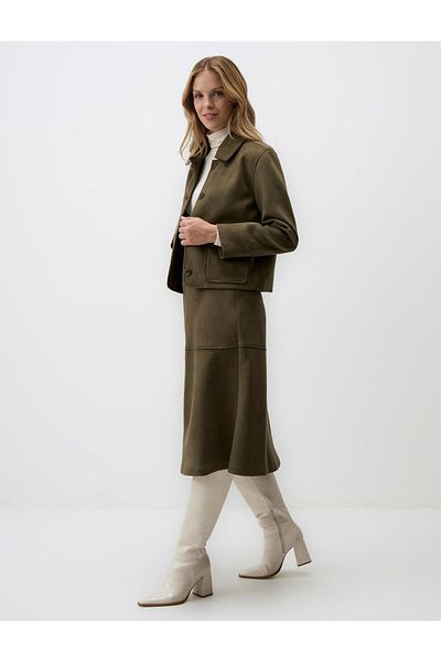 Jimmy Key Khaki Long Sleeve Solid Cut Knitted Velvet Short Jacket