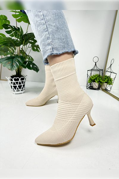 İmerShoes Μπεζ καθημερινά γυναικεία πλεκτά Stretch - Χοντρά ψηλοτάκουνα παπούτσια με μυτερή μύτη 169