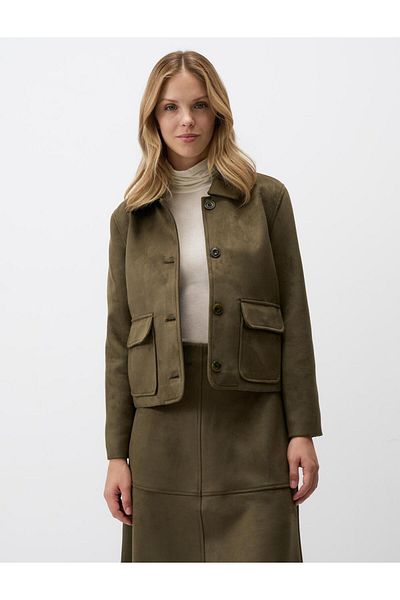 Jimmy Key Khaki Long Sleeve Solid Cut Knitted Velvet Short Jacket