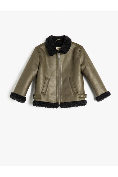 Koton Biker Jacket Faux Leather with Plush Detail