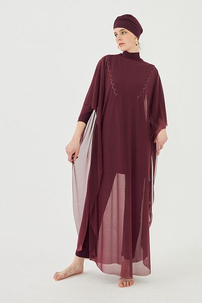Remsa Mayo Costum de baie Hijab Roșu Claret - Pareo un singur caftan cu model RP002