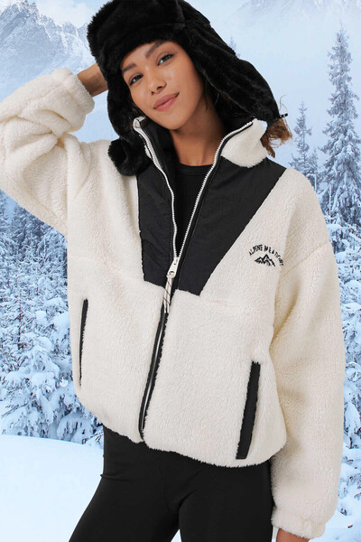 hazelin Ecru Black Printed Plush Jacket - Zip and Lining, Hzl25W-Bd 151941