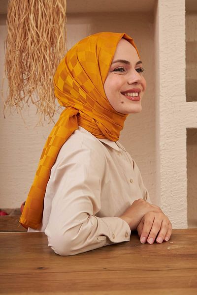 İpekhan Silk Jacquard Series Checkers με μοτίβο μουστάρδας ζακάρ σάλι 9007-21