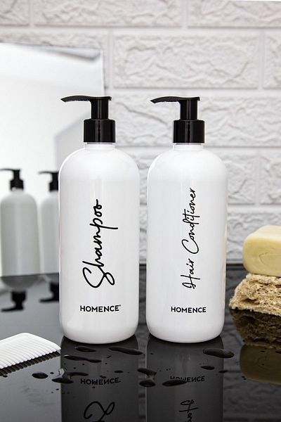homence Set of 2 White Soap Dispensers 500 ml - Printed Plastic Bottle Bathroom