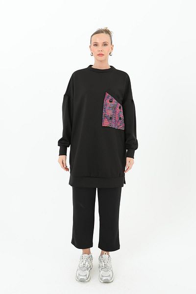 Puane Women's Patterned Single Pocket Detailed Tunic - 10574Tun - Black