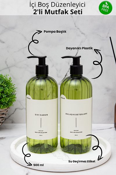 homence Plastic Bottle Kitchen Set with Dishwashing Detergent and Liquid Soap Label 2-Piece Green Soap Dispenser 500 ml