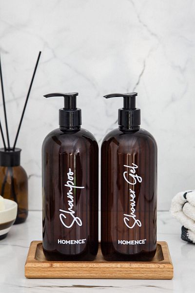 homence 2-Piece Amber Soap Dispenser 500 ml - Shower Gel Printed Plastic Bottle Bath Set