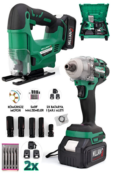 Millian 2 Akülü Şarjlı 450 Nm Torklu Bijon Somun Sıkma Sökme + Dekupaj Testere Makinesi Kömürsüz Motor