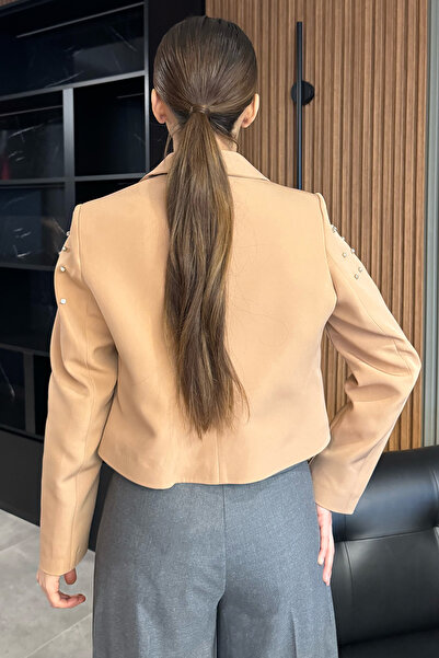 GÜLSELİ Дамски бродиран бисквитен блейзър с камъни - късо яке с предни копчета