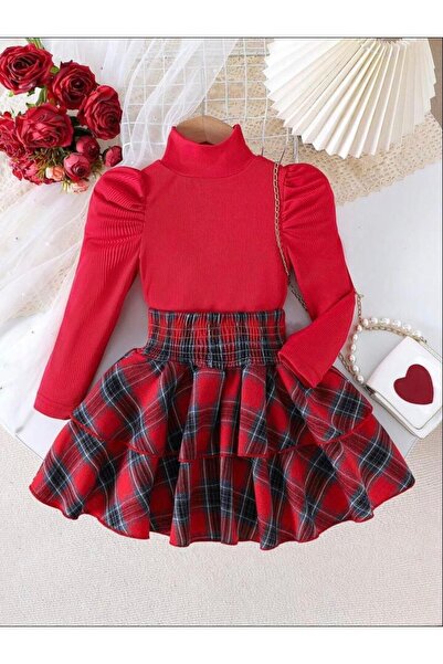 ELONKİDS Kız Çocuk Kiloş Etek ve Badi Kombin Red Green