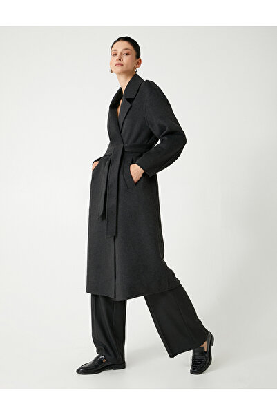 Koton Uzun Kaşe Kaban Kemerli Cepli