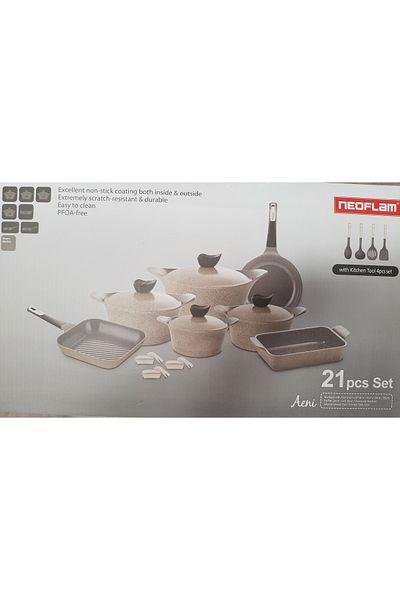 NEOFLAM ,Aeni,Cooking set,21pcs,Cast Aluminum,Nonstick Coating,Suitable for all stove,Warm Marble.