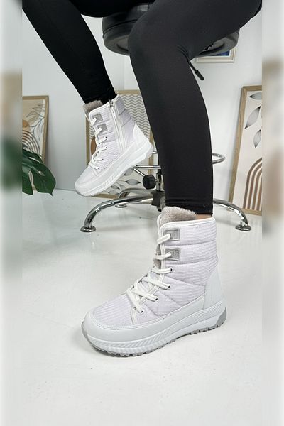 İmerShoes Λευκό γυναικείο μποτάκι - Γούνινο, κορδόνι, φερμουάρ, ψηλό παχύ οδοντωτό καθημερινό πάτο 815
