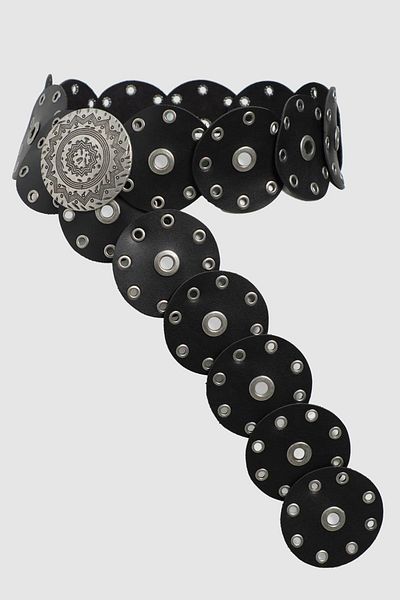bayansepeti Detaliu cataramă medalion din piele artificială neagră Curea accesorii în stil cowboy 24W37002