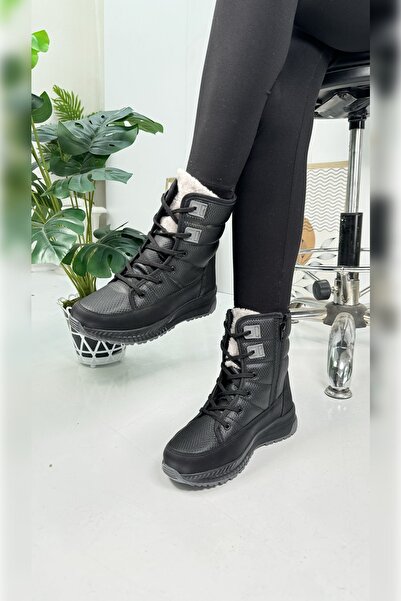 İmerShoes Günlük Kadın Siyah Kar Botu Kürklü Bağcıklı Fermuarlı Rahat Yüksek Kalın Tırtıklı Taban Bootie 815