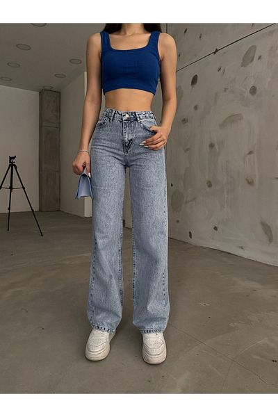 BİKELİFE Hellblaue Snow-Wash-Jeans für Damen mit hoher Taille, dehnbarem Lycra und weitem Bein