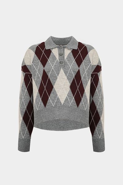Açelya Okcu Premium Polo Neck Diamond Pattern Wool Women's Knitwear Sweater