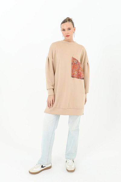 Puane Women's Patterned Single Pocket Detailed Tunic - 10574Tun - Beige