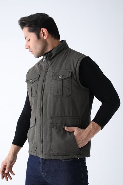 Cordial Men's Winter Vest Khaki Cotton Quilted Four Pockets