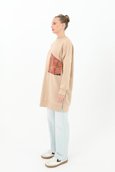 Puane Γυναικείο μονόχρωμο τουνίκ με μοτίβο με λεπτομέρεια - 10574TUN - Μπεζ