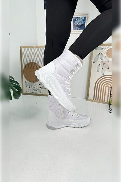 İmerShoes Λευκό γυναικείο μποτάκι - Γούνινο, κορδόνι, φερμουάρ, ψηλό παχύ οδοντωτό καθημερινό πάτο 815