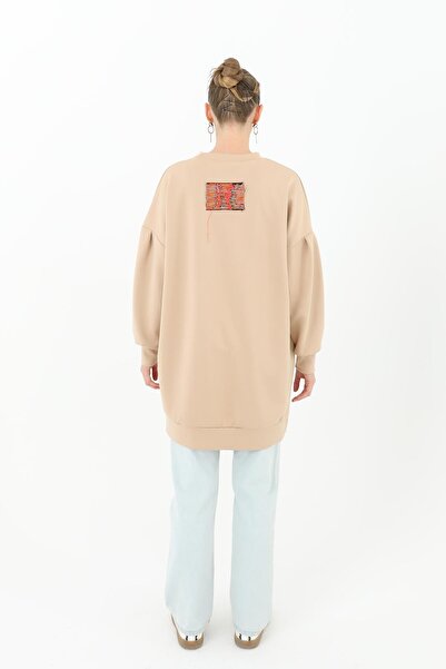 Puane Γυναικείο μονόχρωμο τουνίκ με μοτίβο με λεπτομέρεια - 10574TUN - Μπεζ