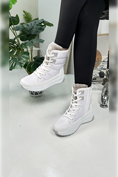Nstil Günlük Beyaz Kadın Kürklü Kar Botu Bağcıklı Fermuarlı Rahat Kalın Tırtıklı Taban Bootie 815