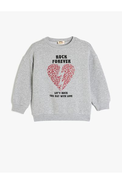 Koton Printed Cotton Long Sleeve Crew Neck Raised Sweatshirt