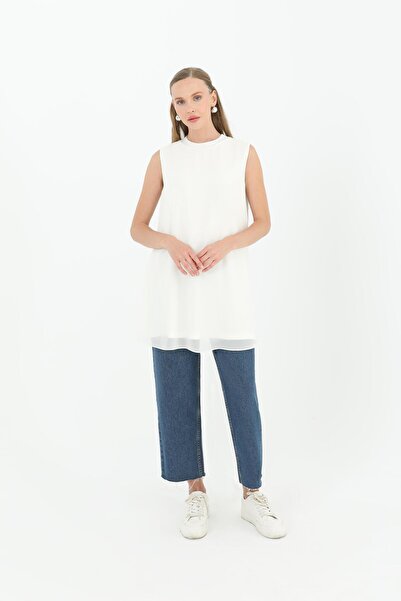 Puane Women's Sleeveless Tulle Detailed Innerwear Tunic - 10270Tun - Ecru