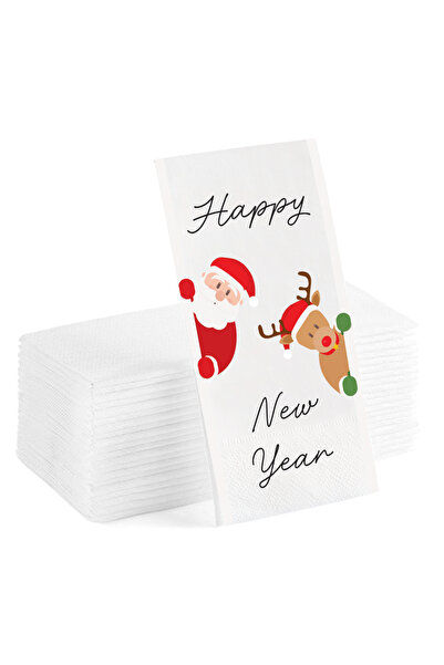Matbaagraf سانتا كلوز غزال مطبوع - سنة جديدة سعيدة مكتوبة 20 منديل السنة الجديدة