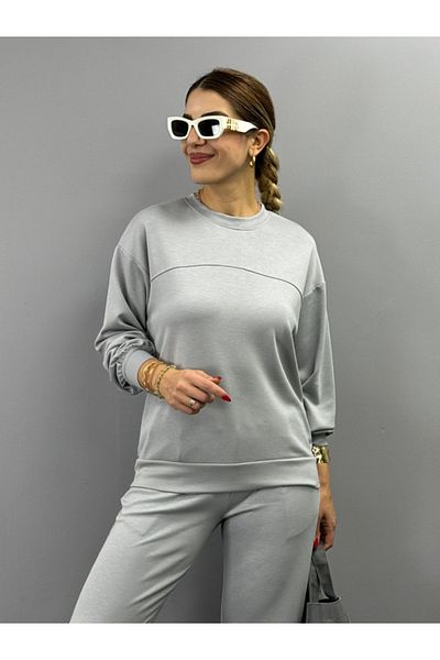 Moka Shopin Mokashopin Women's Long Sleeve Crew Neck Viscose Two Thread Blouse and Pants Double Set