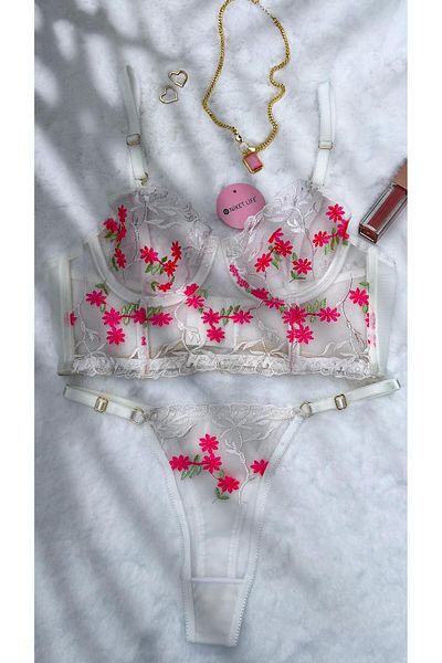 Niket Life Set bustieră cu broderie cu flori mici ECRU