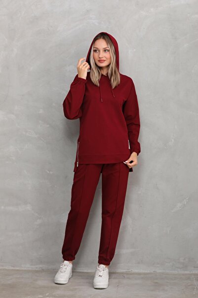 WestBound Claret Red Women's Sports Set - Zippered and Slit Casual Set