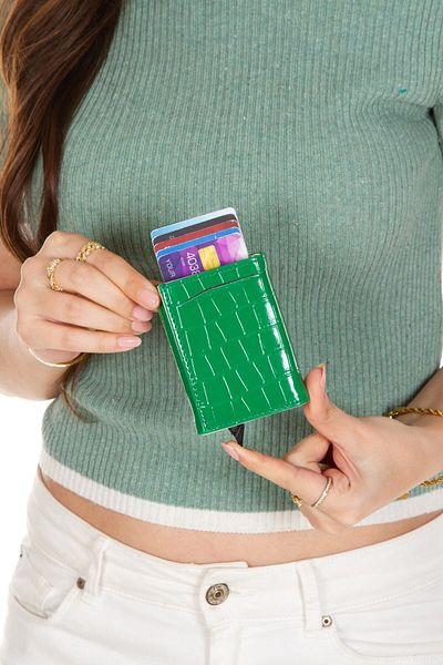 Newish Women's Crocodile Leather Aluminum Mechanism Sliding Card Holder Wallet, Automatic Wallet Rfid Blocking