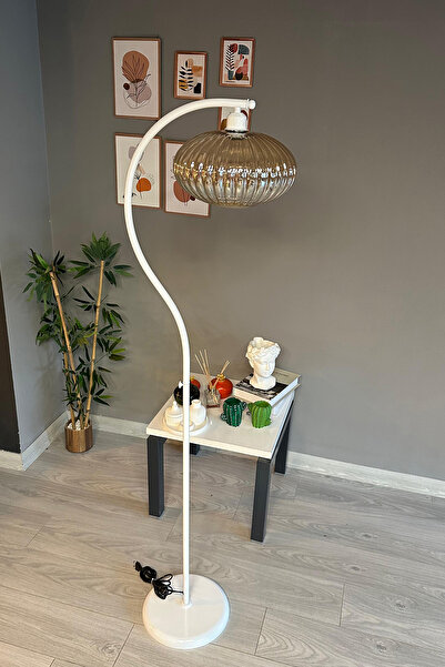 Bamyum Beyaz Gövde Bal Rengi Cam Lambader Modern Dekoratif Metal Oturma Odası Çalışma Odası Zemin Lambası