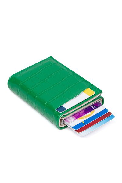 Newish Women's Crocodile Leather Aluminum Mechanism Sliding Card Holder Wallet, Automatic Wallet Rfid Blocking