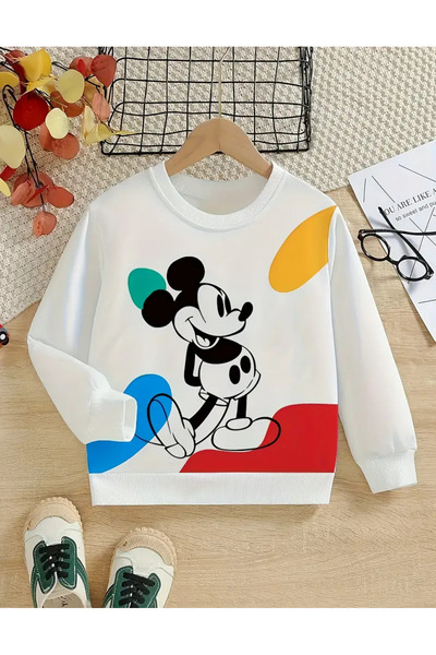 AEMİ Παιδικό φούτερ με στάμπα Μίκυ Μάους, λευκό, με λαιμόκοψη 3 κλωστών