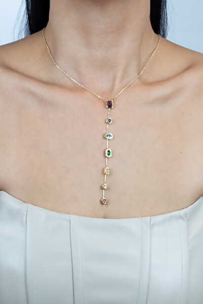 MODAMAYS Gold Thin Chain Steel Necklace with Zircon and Crystal Stone Tips