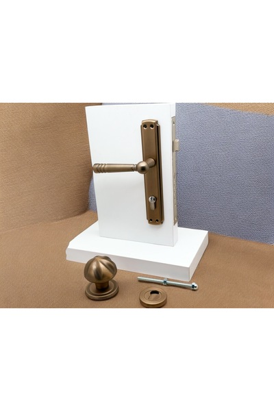 KOLDOOR Osmanli Mat Antik Sarı Yale Çelik Kapı Kolu Sol Basar + Mevlana Kapı Tokmağı Ve Rozeti