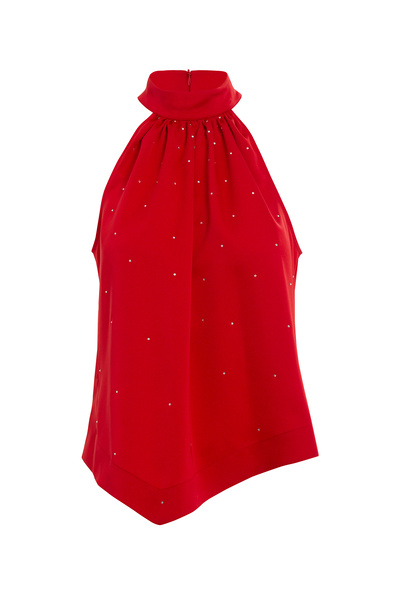 GİZİA Halter Yakalı Yanları Yırtmaçlı Kırmızı Saten Bluz