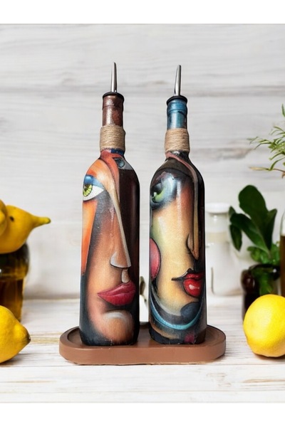 Mes Reves 750 ml Colorful Face Patterned Olive Oil Bottle - Oil Pot, Oil and Sauce Bottle Set of 2