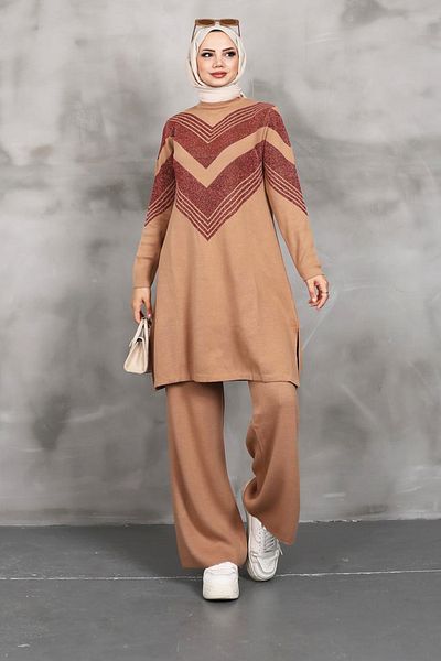 MODAQU Camel Maya Silvery Double Knitwear Tunic and Pants Set
